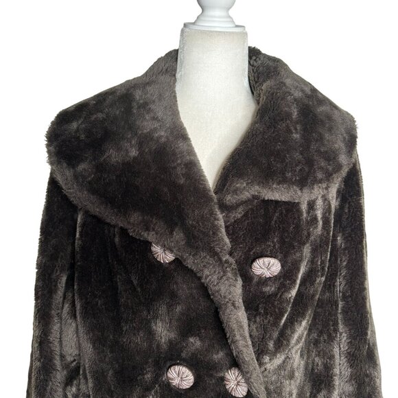 Vintage 70s Double Breasted Faux Fur Coat Large Buttons Pockets Orange Lining - Picture 2 of 10